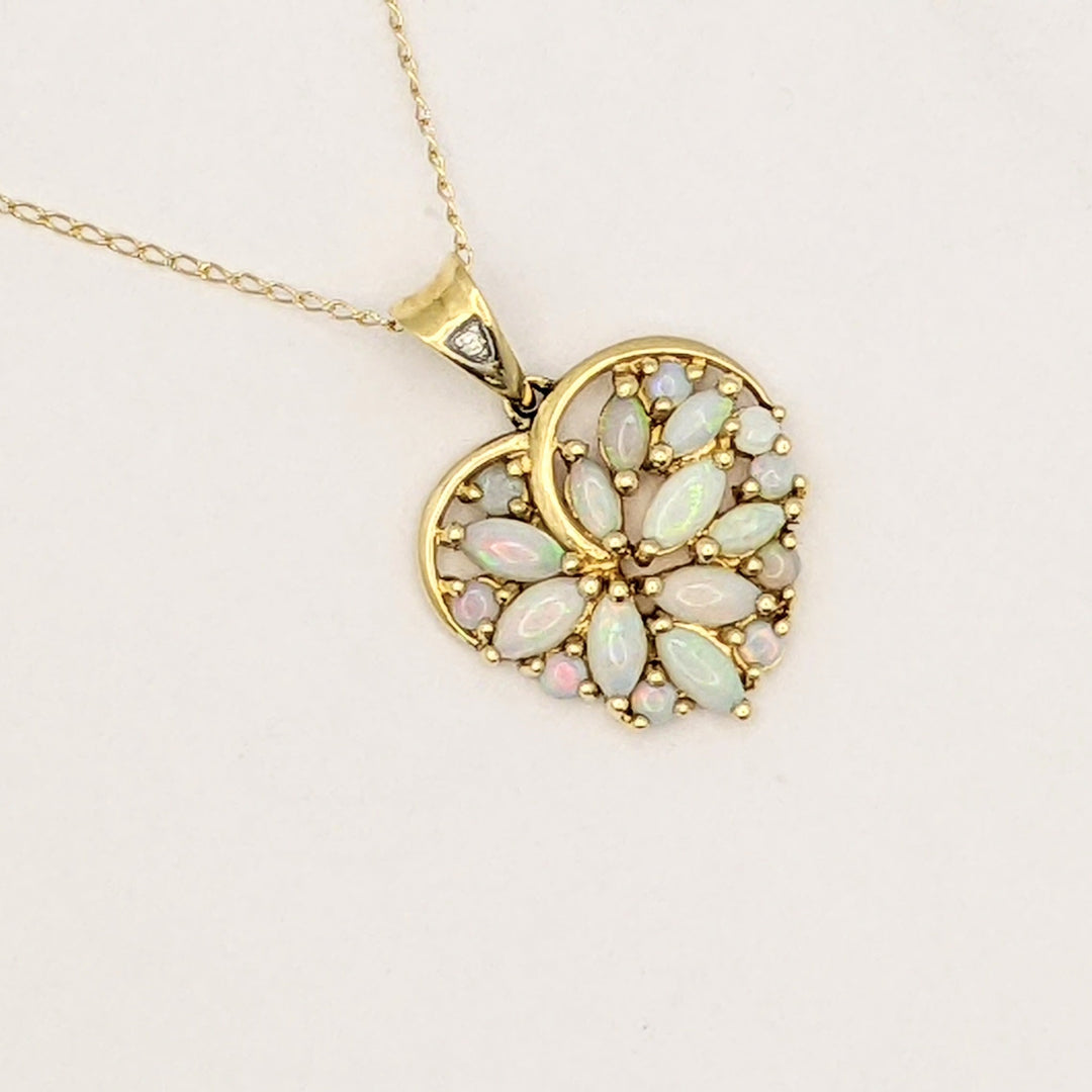 14K OPAL MARQUISE/ ROUND CLUSTER HEART ESTATE PENDANT &amp; CHAIN 3.1 GRAMS