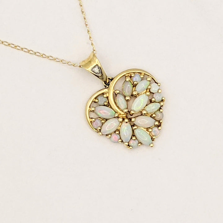 14K OPAL MARQUISE/ ROUND CLUSTER HEART ESTATE PENDANT &amp; CHAIN 3.1 GRAMS