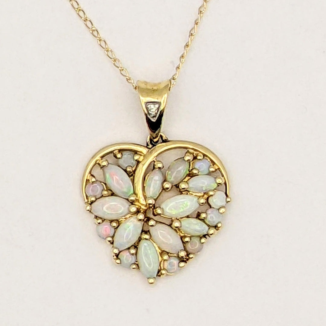 14K OPAL MARQUISE/ ROUND CLUSTER HEART ESTATE PENDANT &amp; CHAIN 3.1 GRAMS