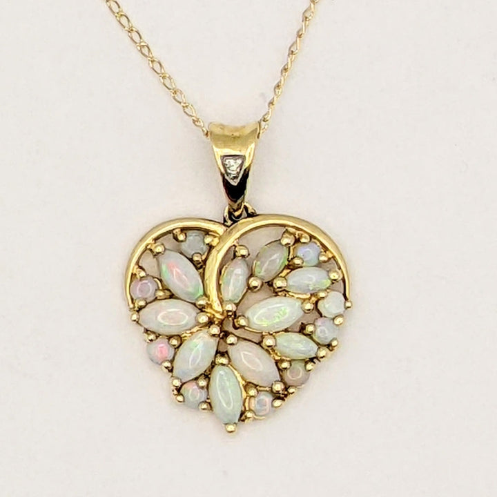 14K OPAL MARQUISE/ ROUND CLUSTER HEART ESTATE PENDANT &amp; CHAIN 3.1 GRAMS
