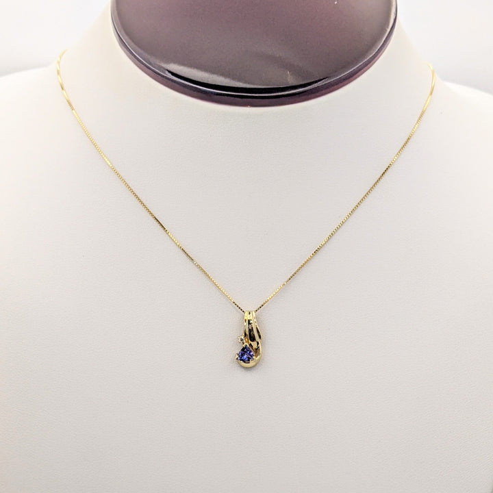 14K TANZANITE TRILLION CUT 4MM WITH MELEE ESTATE PENDANT &amp; CHAIN 2.3 GRAMS