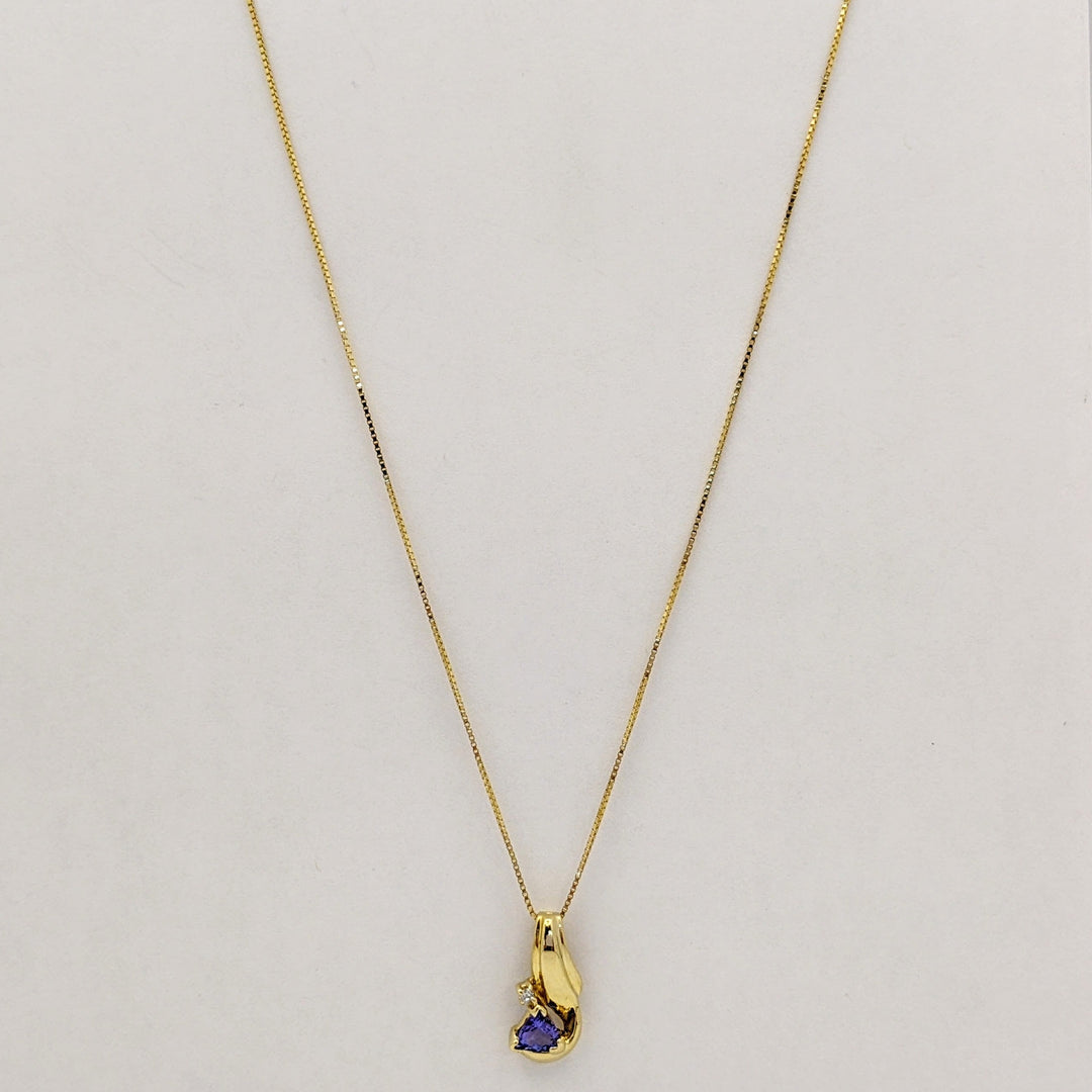 14K TANZANITE TRILLION CUT 4MM WITH MELEE ESTATE PENDANT &amp; CHAIN 2.3 GRAMS