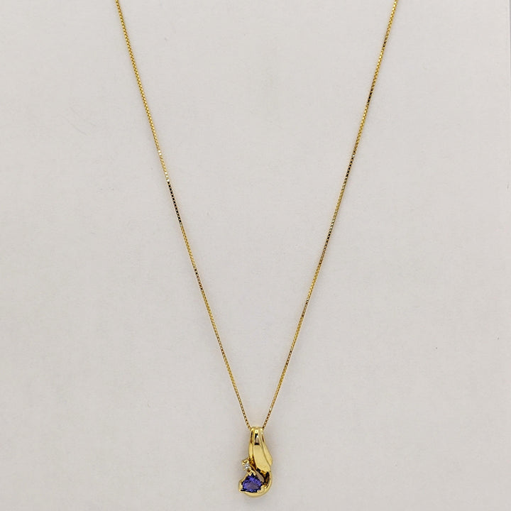 14K TANZANITE TRILLION CUT 4MM WITH MELEE ESTATE PENDANT &amp; CHAIN 2.3 GRAMS
