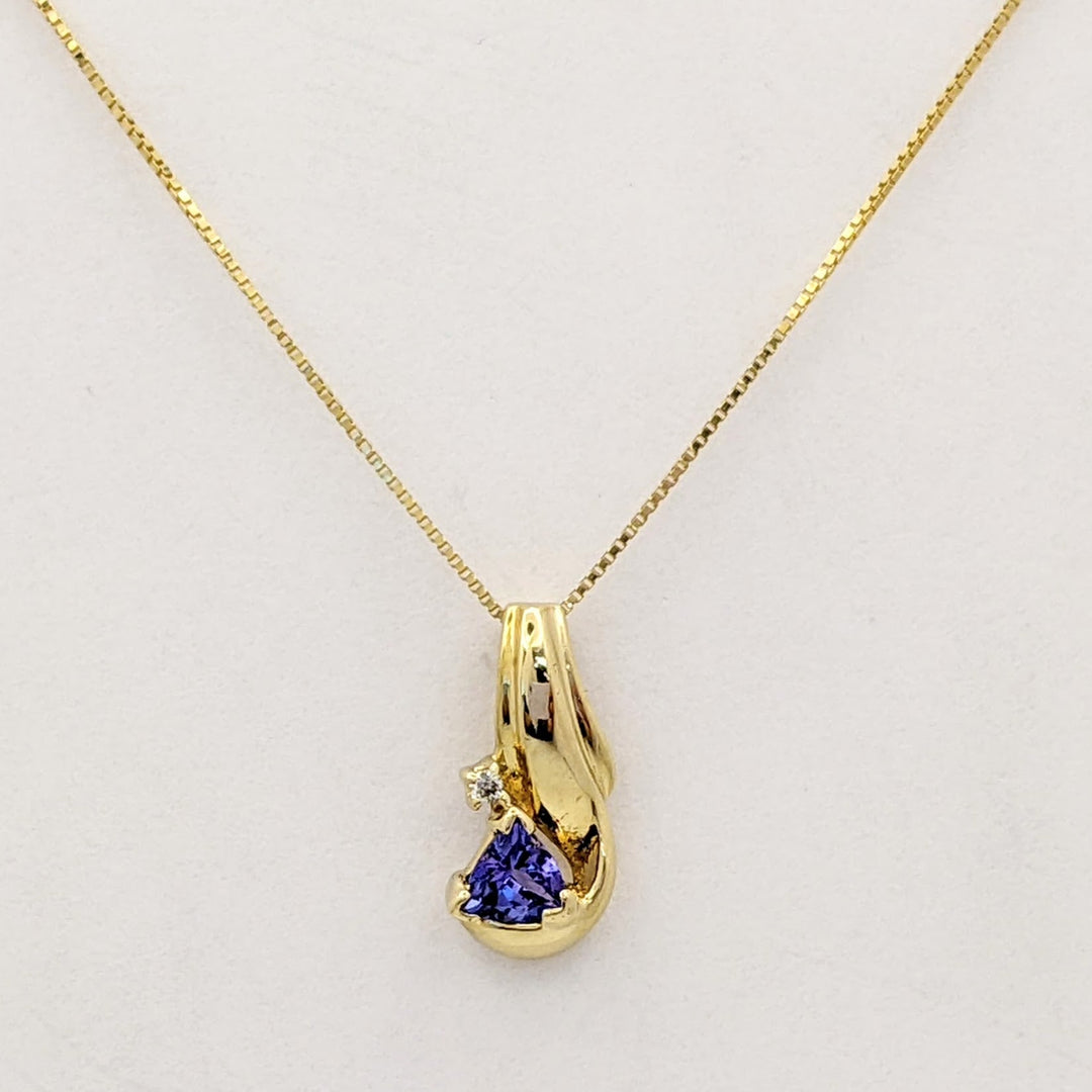 14K TANZANITE TRILLION CUT 4MM WITH MELEE ESTATE PENDANT &amp; CHAIN 2.3 GRAMS