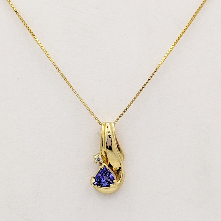 14K TANZANITE TRILLION CUT 4MM WITH MELEE ESTATE PENDANT &amp; CHAIN 2.3 GRAMS