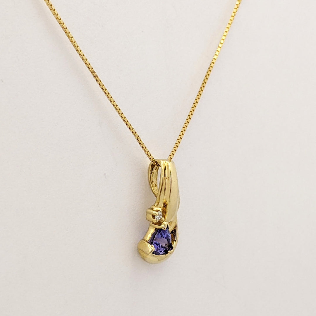 14K TANZANITE TRILLION CUT 4MM WITH MELEE ESTATE PENDANT &amp; CHAIN 2.3 GRAMS