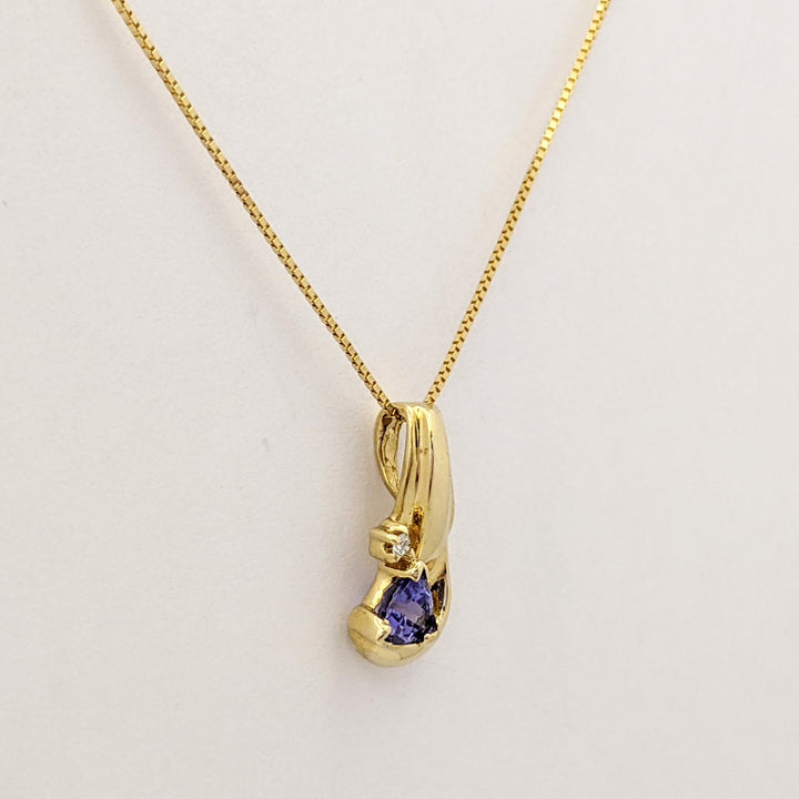 14K TANZANITE TRILLION CUT 4MM WITH MELEE ESTATE PENDANT &amp; CHAIN 2.3 GRAMS