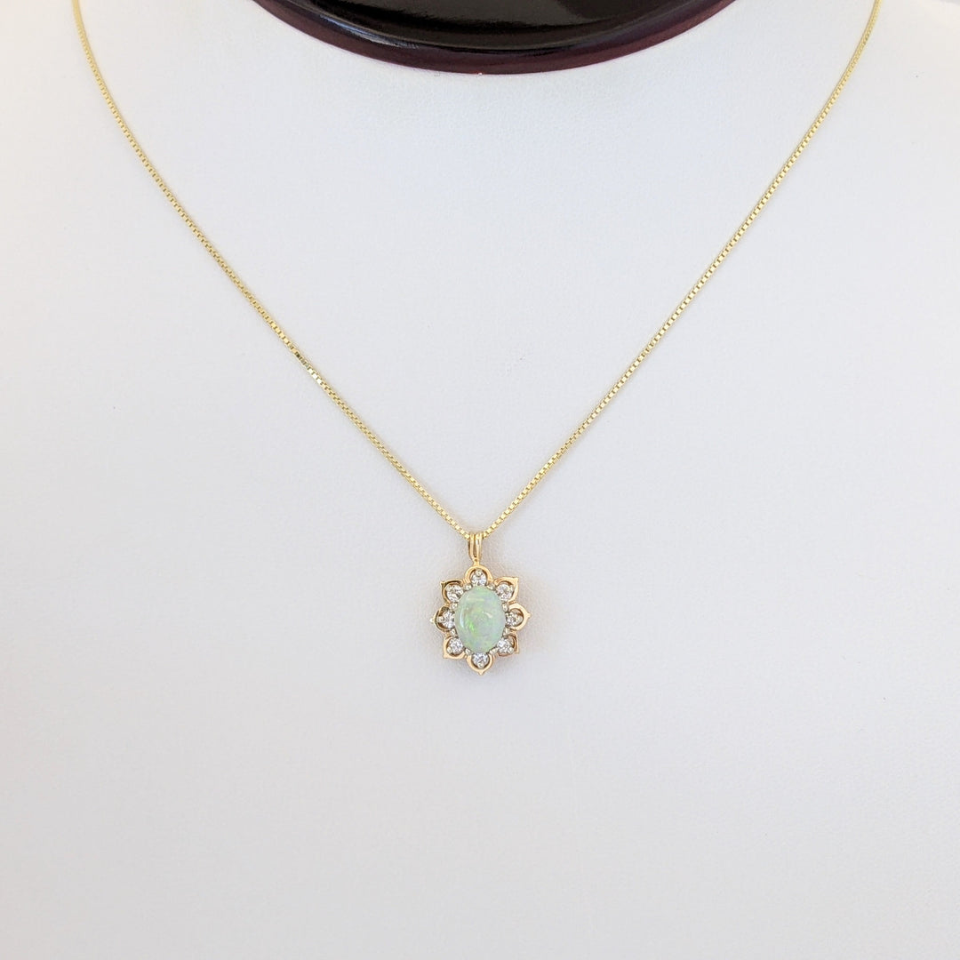 14K OPAL OVAL 6X8 WITH (8) MELEE ESTATE PENDANT &amp; CHAIN 3.8 GRAMS