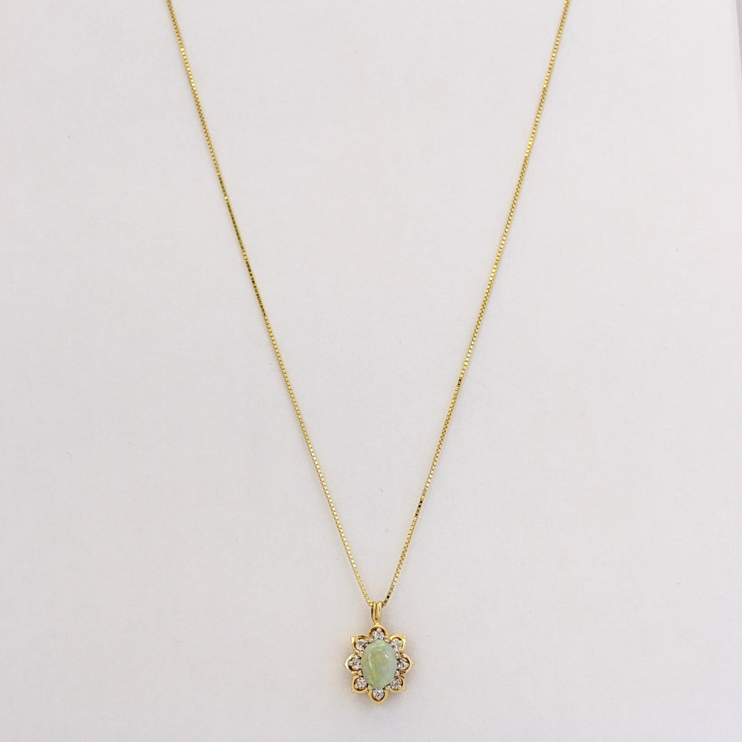 14K OPAL OVAL 6X8 WITH (8) MELEE ESTATE PENDANT &amp; CHAIN 3.8 GRAMS
