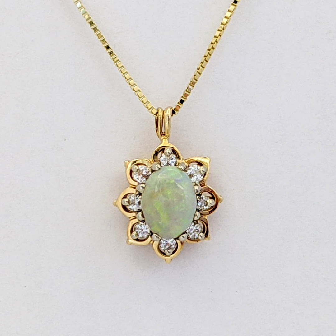 14K OPAL OVAL 6X8 WITH (8) MELEE ESTATE PENDANT &amp; CHAIN 3.8 GRAMS