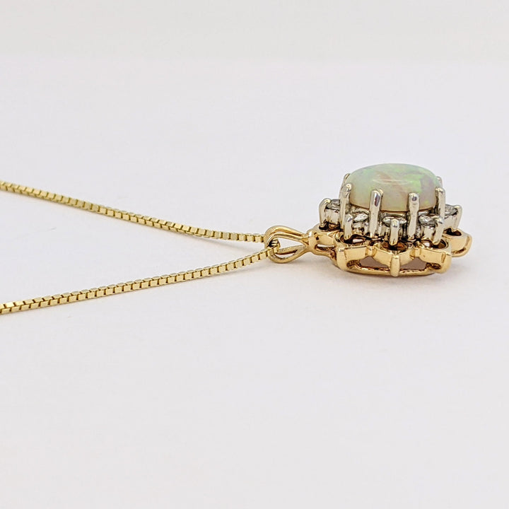 14K OPAL OVAL 6X8 WITH (8) MELEE ESTATE PENDANT &amp; CHAIN 3.8 GRAMS