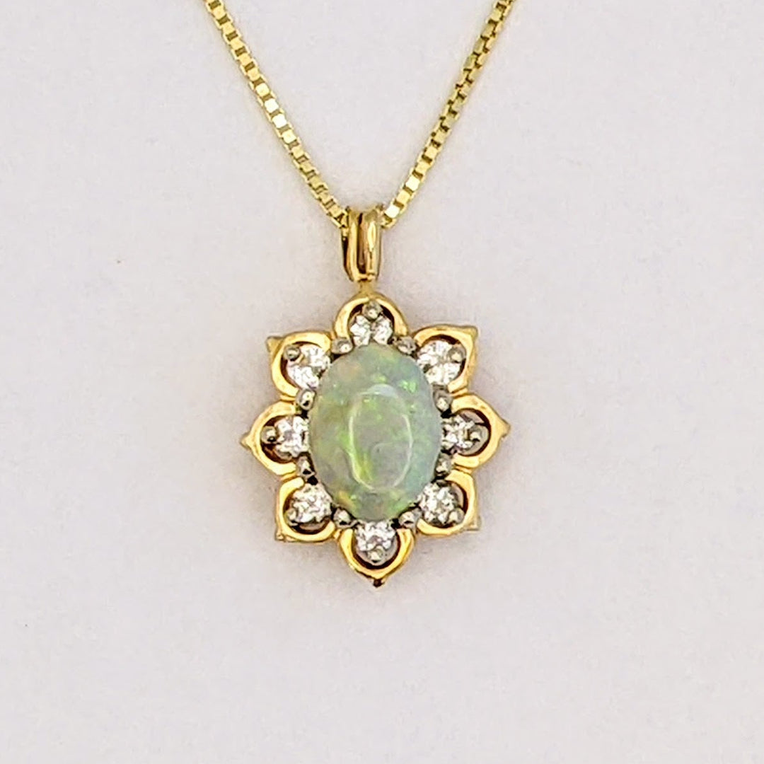 14K OPAL OVAL 6X8 WITH (8) MELEE ESTATE PENDANT &amp; CHAIN 3.8 GRAMS