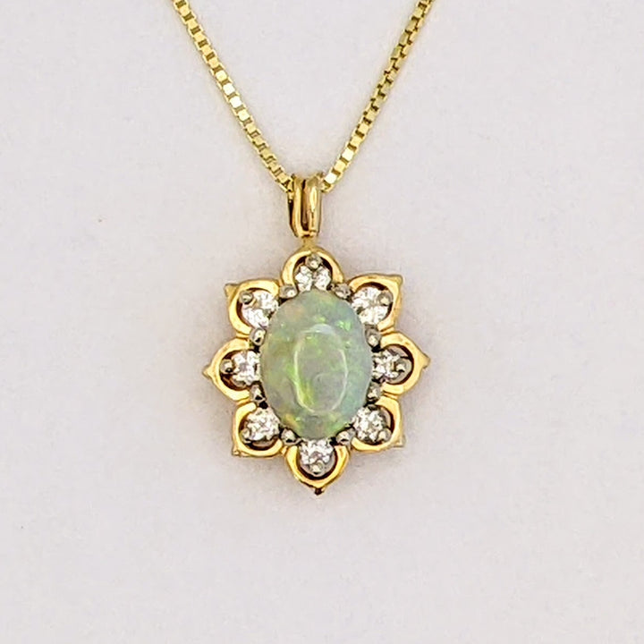 14K OPAL OVAL 6X8 WITH (8) MELEE ESTATE PENDANT &amp; CHAIN 3.8 GRAMS