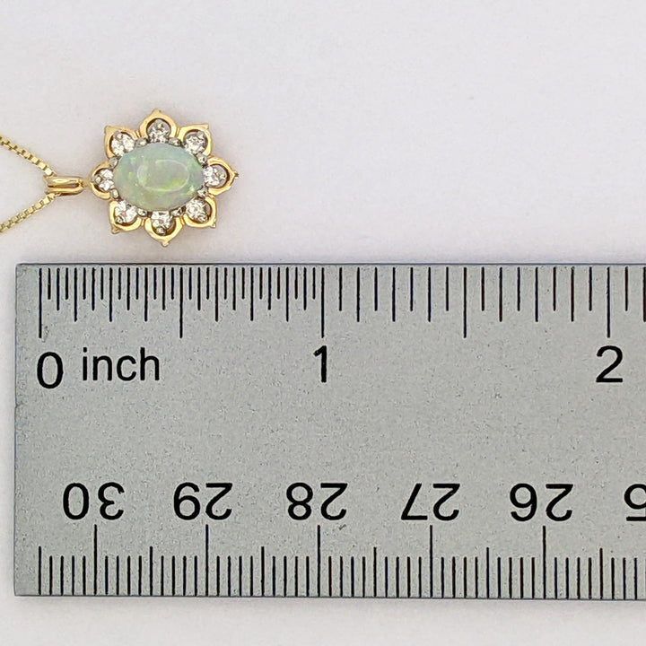 14K OPAL OVAL 6X8 WITH (8) MELEE ESTATE PENDANT &amp; CHAIN 3.8 GRAMS