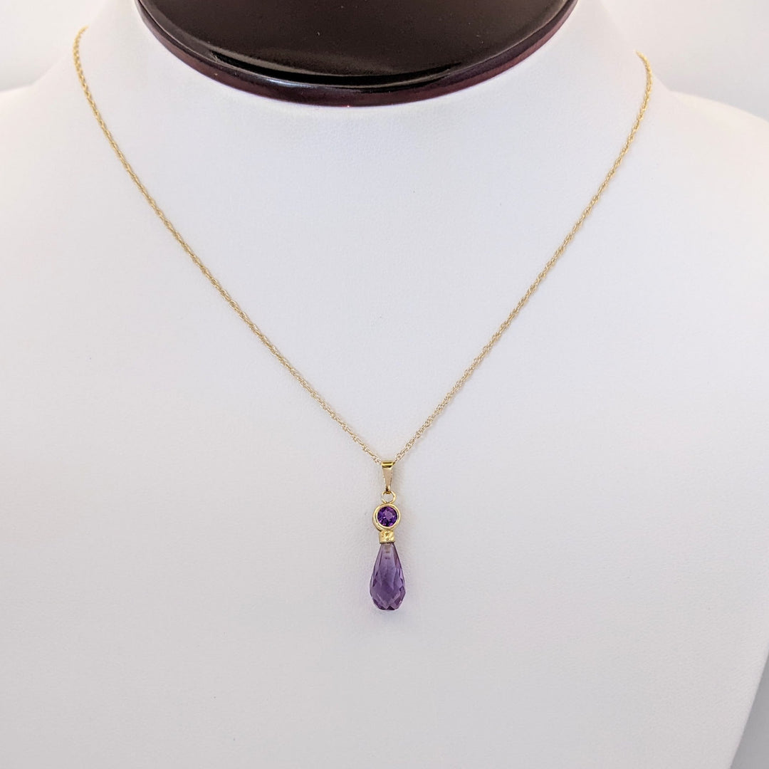 14K AMETHYST ROUND 4MM BEZEL WITH BRIOLETTE PEAR ESTATE PENDANT &amp; CHAIN 1.6 GRAMS