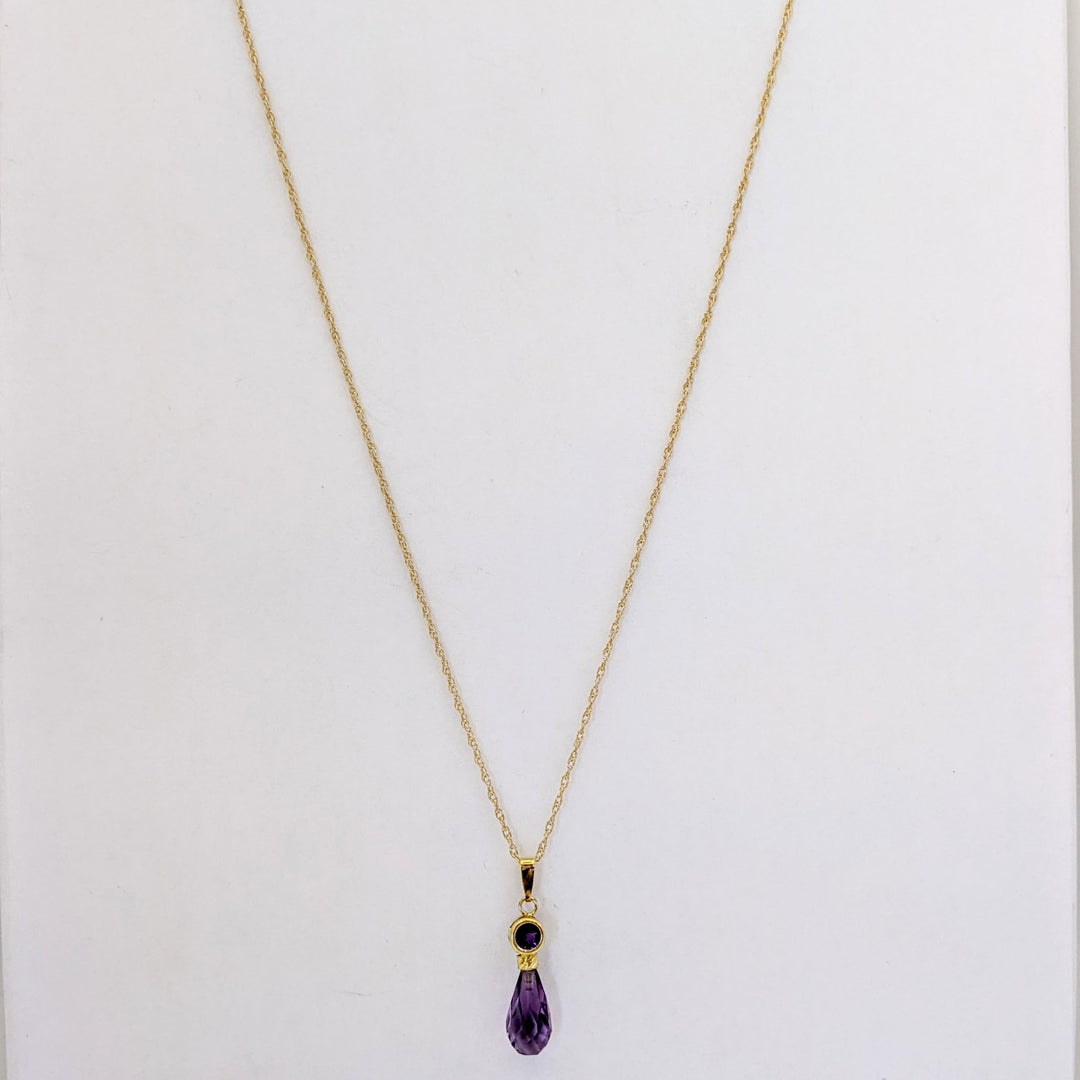 14K AMETHYST ROUND 4MM BEZEL WITH BRIOLETTE PEAR ESTATE PENDANT &amp; CHAIN 1.6 GRAMS