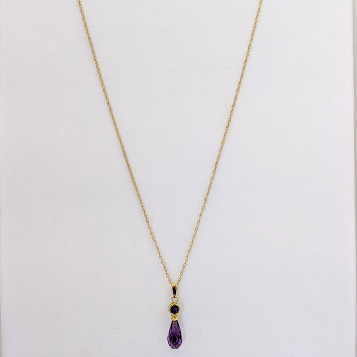 14K AMETHYST ROUND 4MM BEZEL WITH BRIOLETTE PEAR ESTATE PENDANT &amp; CHAIN 1.6 GRAMS