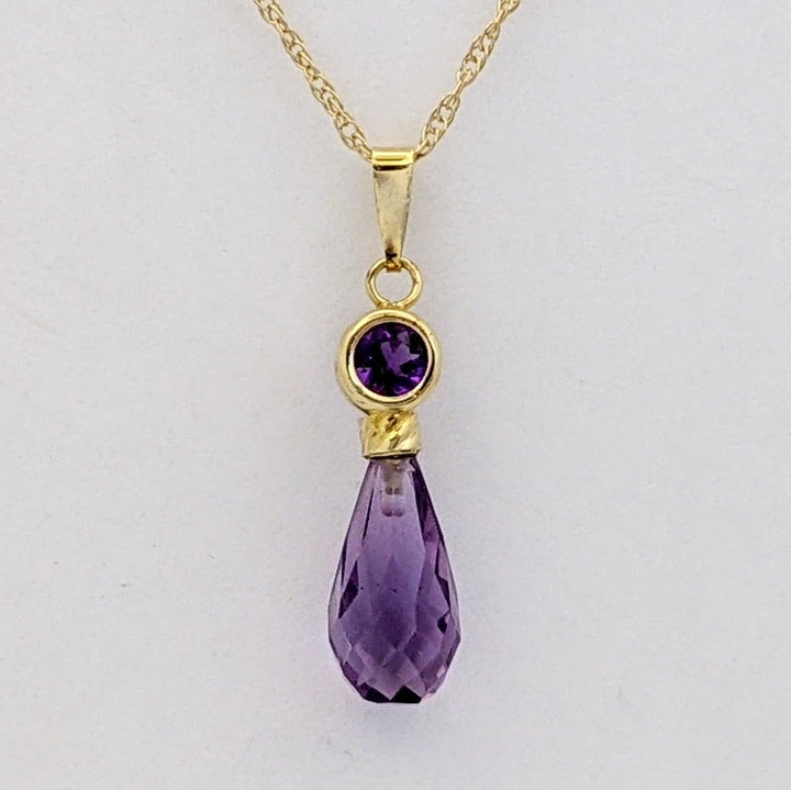 14K AMETHYST ROUND 4MM BEZEL WITH BRIOLETTE PEAR ESTATE PENDANT &amp; CHAIN 1.6 GRAMS