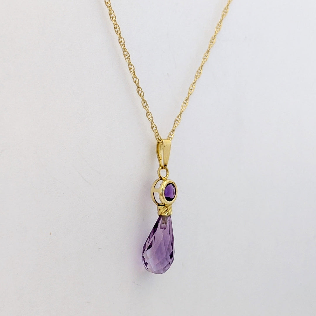 14K AMETHYST ROUND 4MM BEZEL WITH BRIOLETTE PEAR ESTATE PENDANT &amp; CHAIN 1.6 GRAMS
