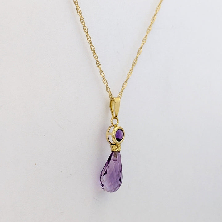 14K AMETHYST ROUND 4MM BEZEL WITH BRIOLETTE PEAR ESTATE PENDANT &amp; CHAIN 1.6 GRAMS