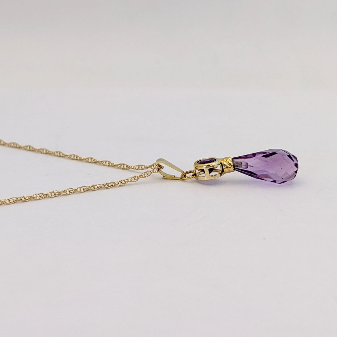 14K AMETHYST ROUND 4MM BEZEL WITH BRIOLETTE PEAR ESTATE PENDANT &amp; CHAIN 1.6 GRAMS