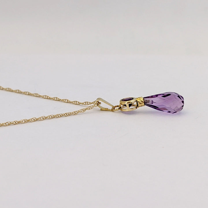 14K AMETHYST ROUND 4MM BEZEL WITH BRIOLETTE PEAR ESTATE PENDANT &amp; CHAIN 1.6 GRAMS