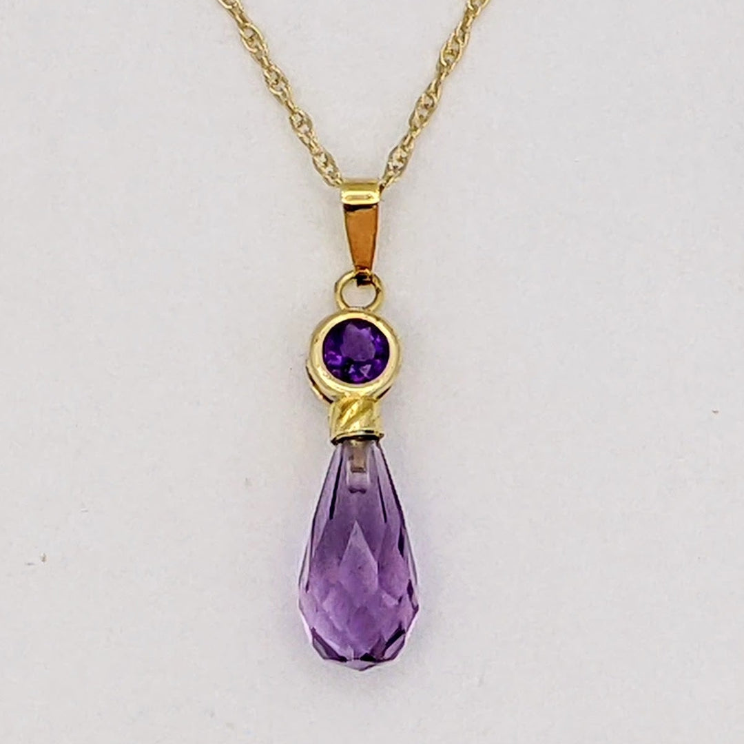 14K AMETHYST ROUND 4MM BEZEL WITH BRIOLETTE PEAR ESTATE PENDANT &amp; CHAIN 1.6 GRAMS