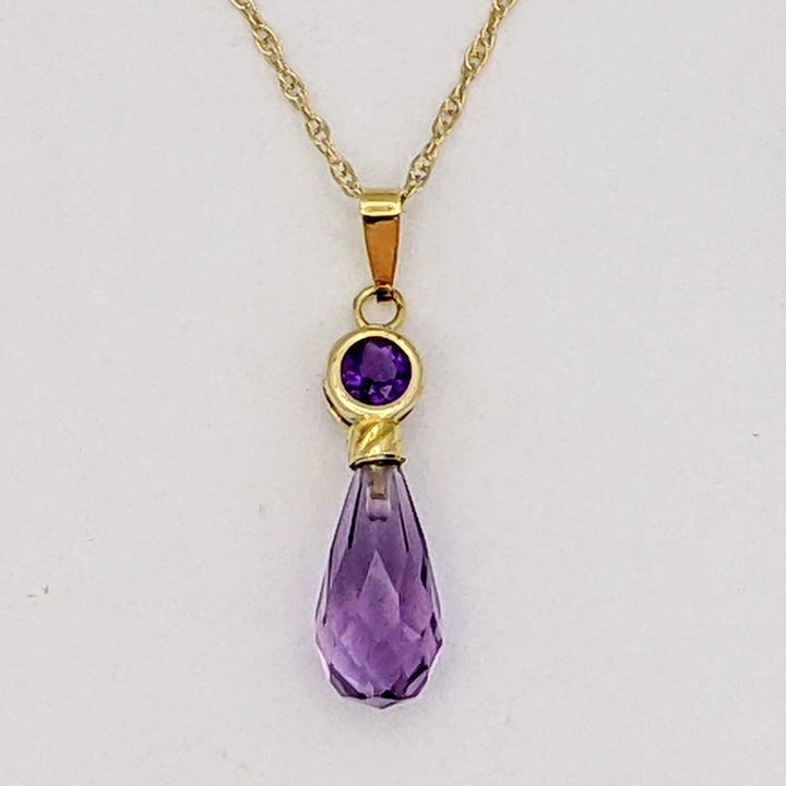 14K AMETHYST ROUND 4MM BEZEL WITH BRIOLETTE PEAR ESTATE PENDANT &amp; CHAIN 1.6 GRAMS