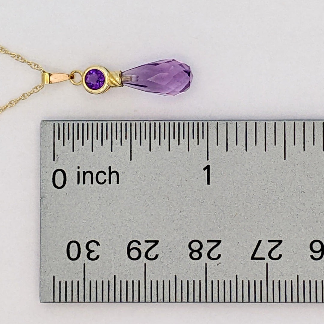 14K AMETHYST ROUND 4MM BEZEL WITH BRIOLETTE PEAR ESTATE PENDANT &amp; CHAIN 1.6 GRAMS