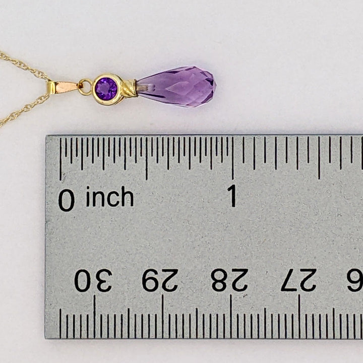 14K AMETHYST ROUND 4MM BEZEL WITH BRIOLETTE PEAR ESTATE PENDANT &amp; CHAIN 1.6 GRAMS