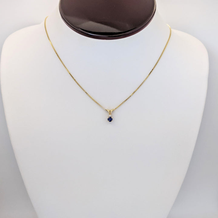 14K SAPPHIRE ROUND "AA" WITH .02 CARAT TOTAL DIAMOND ROUND ESTATE PENDANT &amp; CHAIN 2.8 GRAMS