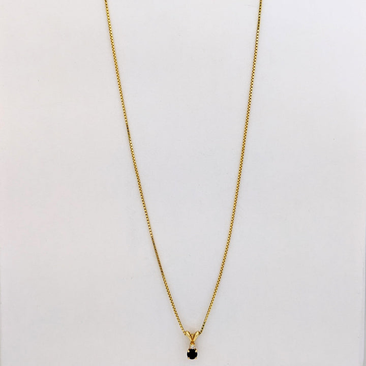 14K SAPPHIRE ROUND "AA" WITH .02 CARAT TOTAL DIAMOND ROUND ESTATE PENDANT &amp; CHAIN 2.8 GRAMS