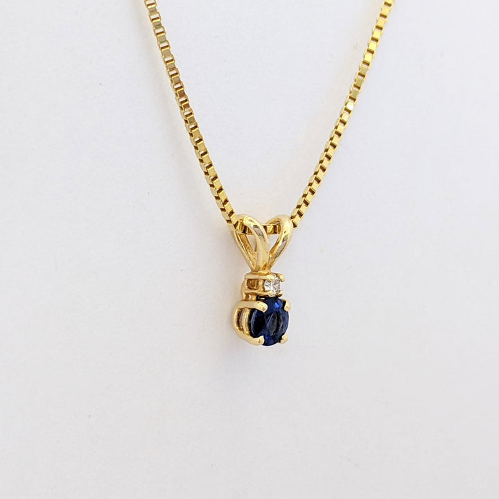 14K SAPPHIRE ROUND "AA" WITH .02 CARAT TOTAL DIAMOND ROUND ESTATE PENDANT &amp; CHAIN 2.8 GRAMS