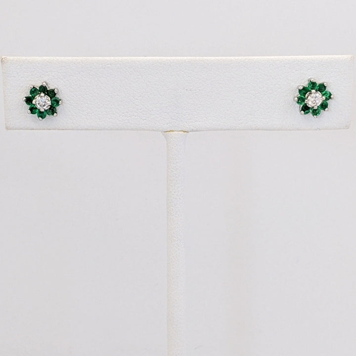 14K WHITE EMERALD ROUND (16) 1.75MM WITH .12 DIAMONT TOTAL WEIGHT (2) ROUND ESTATE EARRINGS 1.1 GRAMS