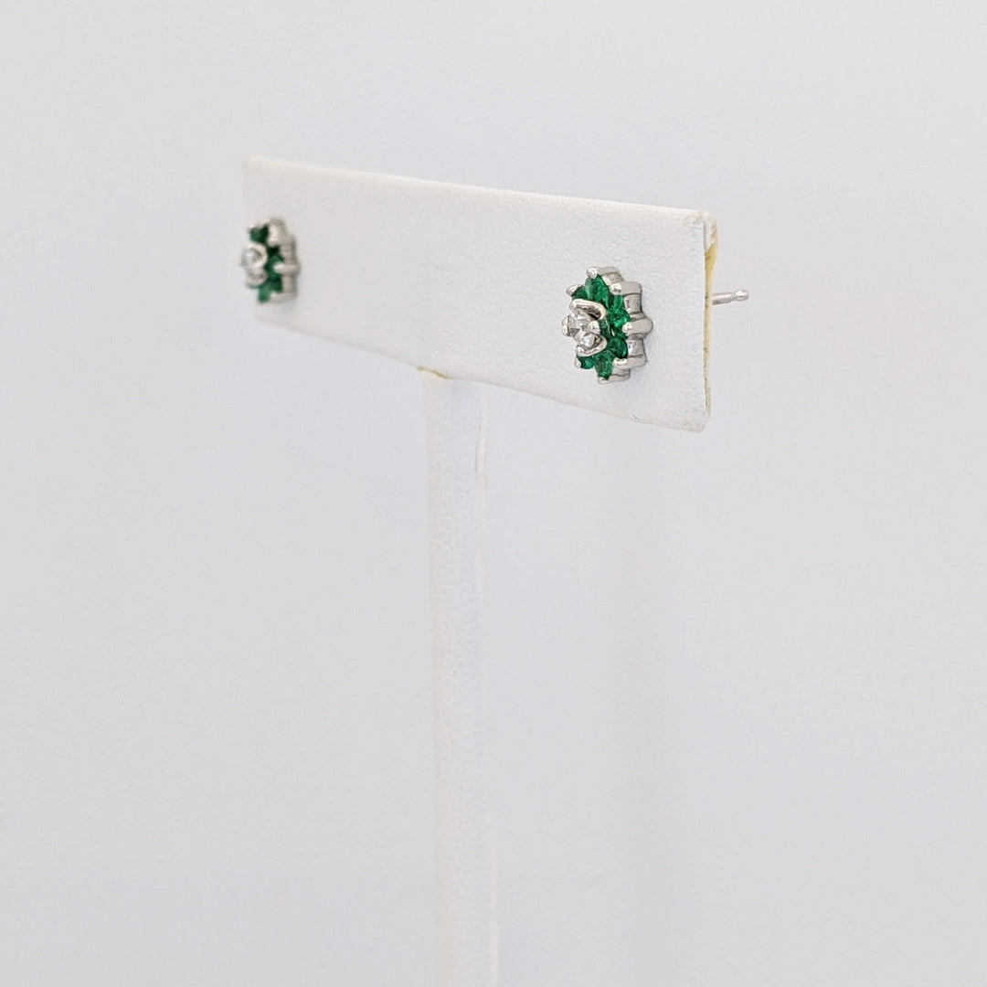 14K WHITE EMERALD ROUND (16) 1.75MM WITH .12 DIAMONT TOTAL WEIGHT (2) ROUND ESTATE EARRINGS 1.1 GRAMS