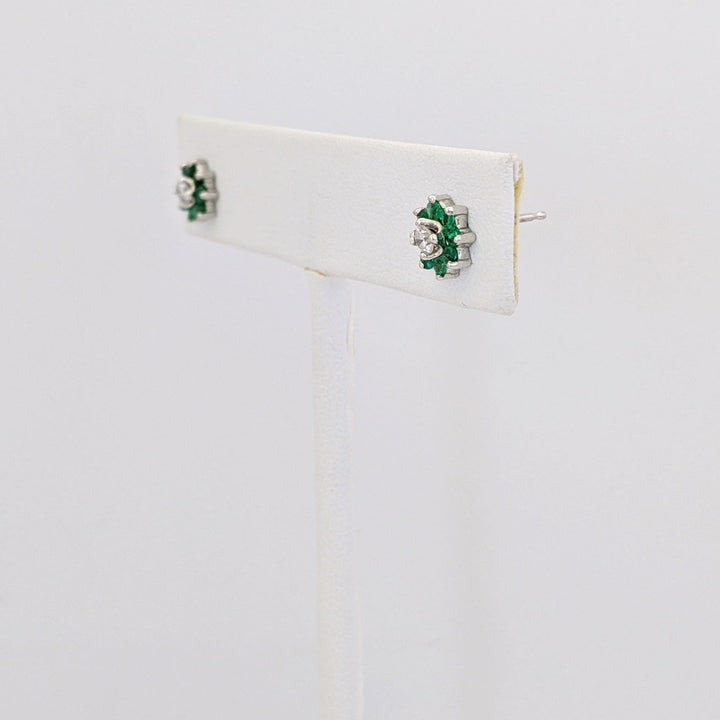 14K WHITE EMERALD ROUND (16) 1.75MM WITH .12 DIAMONT TOTAL WEIGHT (2) ROUND ESTATE EARRINGS 1.1 GRAMS