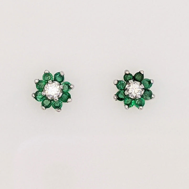 14K WHITE EMERALD ROUND (16) 1.75MM WITH .12 DIAMONT TOTAL WEIGHT (2) ROUND ESTATE EARRINGS 1.1 GRAMS