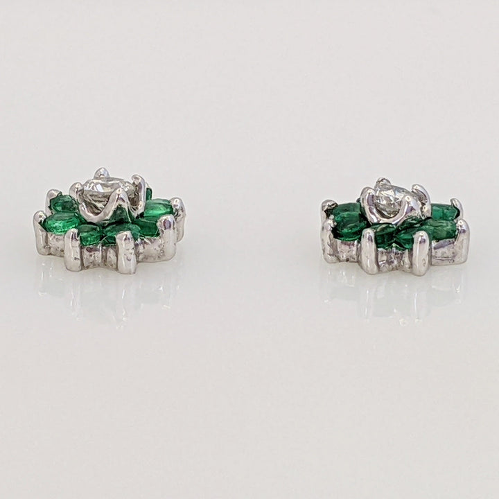 14K WHITE EMERALD ROUND (16) 1.75MM WITH .12 DIAMONT TOTAL WEIGHT (2) ROUND ESTATE EARRINGS 1.1 GRAMS