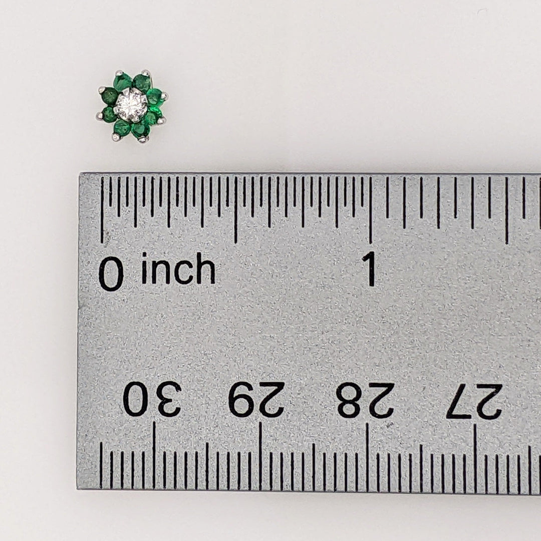 14K WHITE EMERALD ROUND (16) 1.75MM WITH .12 DIAMONT TOTAL WEIGHT (2) ROUND ESTATE EARRINGS 1.1 GRAMS