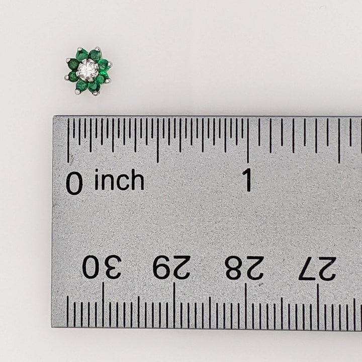14K WHITE EMERALD ROUND (16) 1.75MM WITH .12 DIAMONT TOTAL WEIGHT (2) ROUND ESTATE EARRINGS 1.1 GRAMS