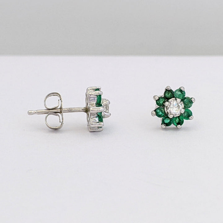 14K WHITE EMERALD ROUND (16) 1.75MM WITH .12 DIAMONT TOTAL WEIGHT (2) ROUND ESTATE EARRINGS 1.1 GRAMS