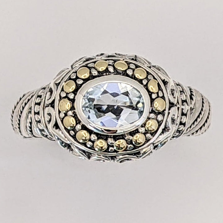 STERLING SILVER/ 18K AQUAMARINE OVAL 5X7 BEZEL ESTATE RING 6.6 GRAMS