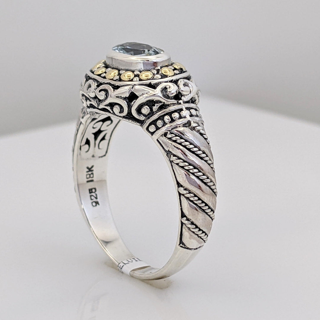 STERLING SILVER/ 18K AQUAMARINE OVAL 5X7 BEZEL ESTATE RING 6.6 GRAMS