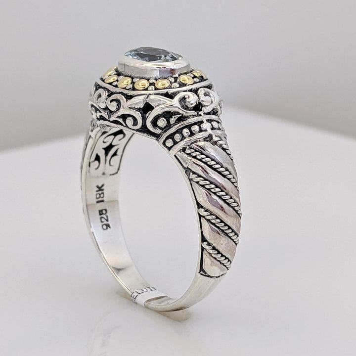 STERLING SILVER/ 18K AQUAMARINE OVAL 5X7 BEZEL ESTATE RING 6.6 GRAMS
