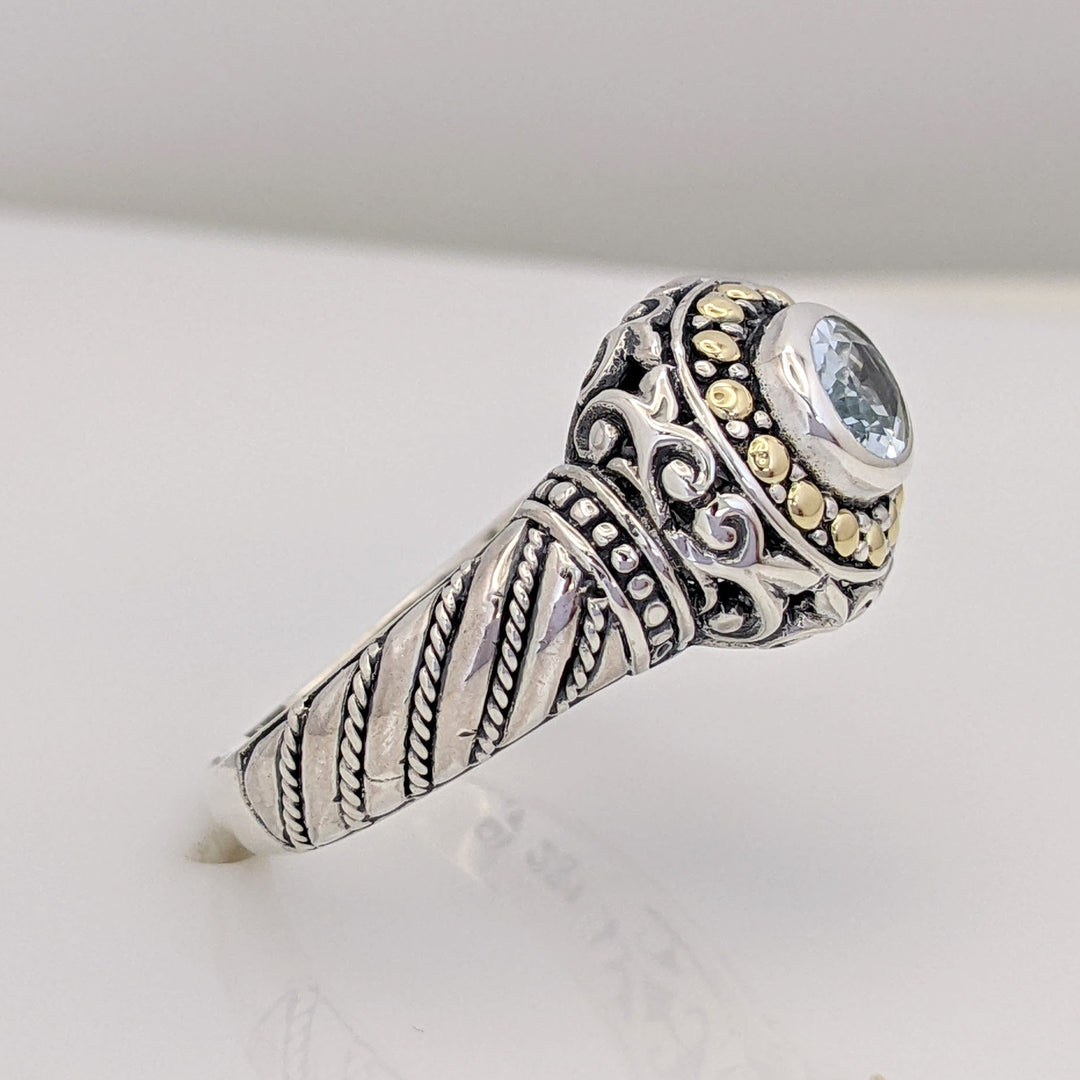 STERLING SILVER/ 18K AQUAMARINE OVAL 5X7 BEZEL ESTATE RING 6.6 GRAMS
