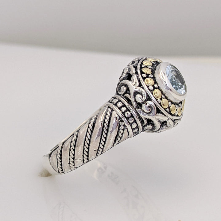 STERLING SILVER/ 18K AQUAMARINE OVAL 5X7 BEZEL ESTATE RING 6.6 GRAMS
