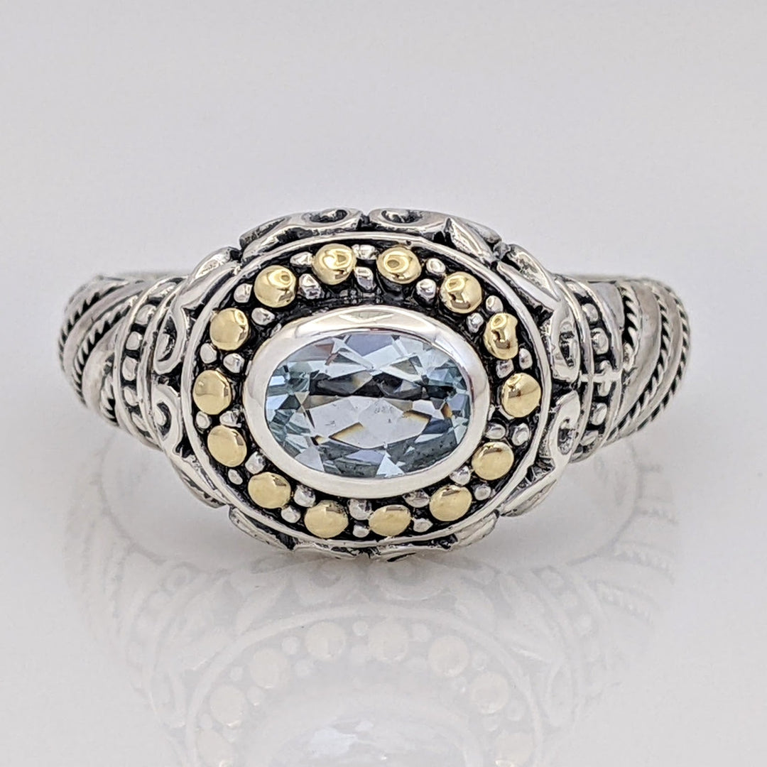 STERLING SILVER/ 18K AQUAMARINE OVAL 5X7 BEZEL ESTATE RING 6.6 GRAMS