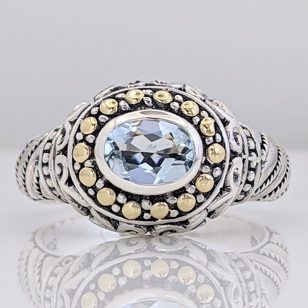 STERLING SILVER/ 18K AQUAMARINE OVAL 5X7 BEZEL ESTATE RING 6.6 GRAMS