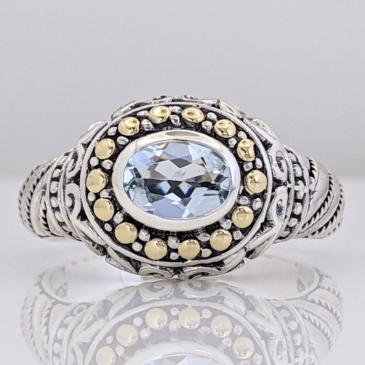 STERLING SILVER/ 18K AQUAMARINE OVAL 5X7 BEZEL ESTATE RING 6.6 GRAMS