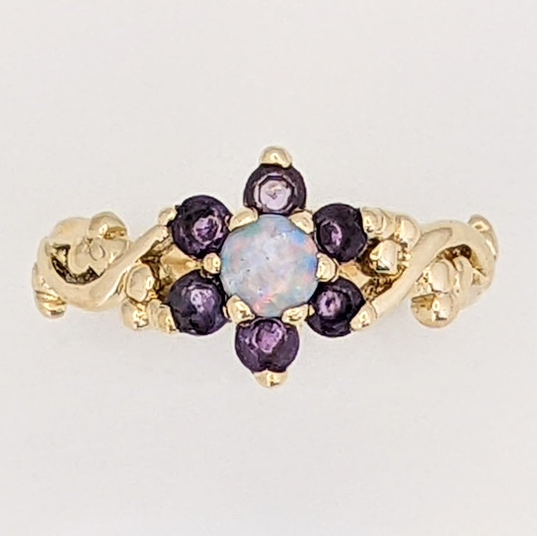 14K OPAL ROUND 4MM (1) AMETHYST 2.5MM (6) FLORAL ESTATE RING 2.6 GRAMS
